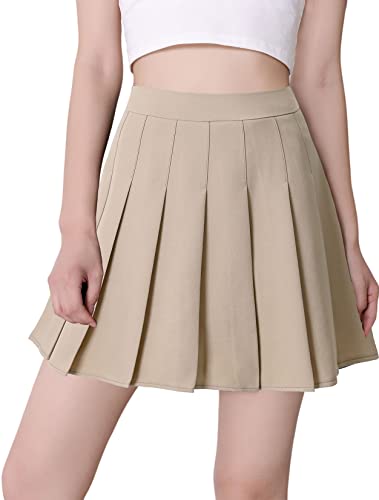 Hoerev Frauen Mädchen Kurze hohe Taille gefaltete Skater Tennis Schule Rock,Solid Beige,EU 40/ XL von Hoerev