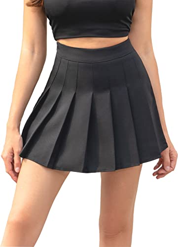 Hoerev Frauen Mädchen Kurze hohe Taille gefaltete Skater Tennis Schule Rock,Schwarz,38 / L von Hoerev