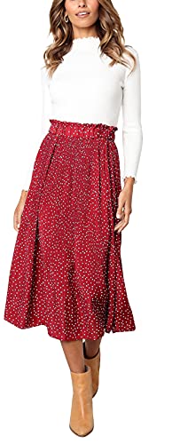 Hoerev Frauen Print Punkt mit Taschen Falten Langer Rock Beach Party Maxi Rock,Rot Punkt,XL von Hoerev