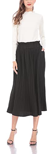 Hoerev Frauen Print Punkt mit Taschen Falten Langer Rock Beach Party Maxi Rock,Schwarz,XL von Hoerev