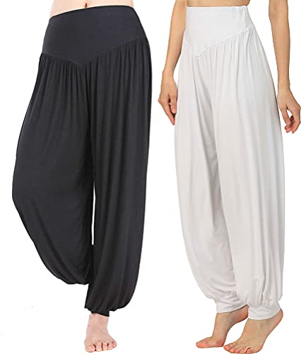 Hoerev Haremshose aus super weichem Modal-Elastan, für Yoga oder Pilates,Schwarz+Weiß 2 Paar,X-Large von Hoerev