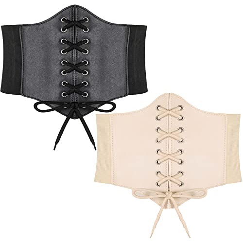 Hoerev Damen Mädchen Elastisch Breites Band Elastisch Gebunden Waspie Korsett Taille Gürtel Bustiers Korsetts，Schwarz+Beige，XXL von Hoerev