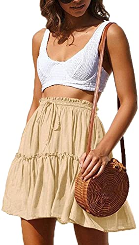 Hoerev Damen Mädchen Floral ausgestellter kurzer Rock niedlich hohe Taille Rüschen Rock Strand Minirock,Beige，Größe XS von Hoerev