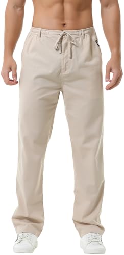 Hoerev Leinen Baumwolle Freizeithose Hose Drawing String Reißverschluss,Beige,XL von Hoerev
