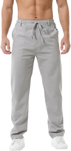 Hoerev Leinen Baumwolle Freizeithose Hose Drawing String Reißverschluss,Grau,XL Hoerev Leinen Baumwolle Freizeithose Hose Drawing String Reißverschluss,Grau,XL von Hoerev