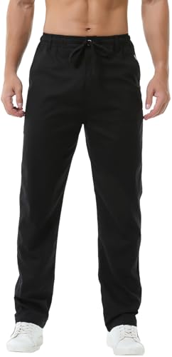 Hoerev Leinen Baumwolle Freizeithose Hose Drawing String Reißverschluss,Schwarz,L von Hoerev