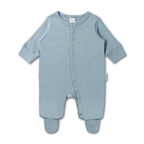 Hofbrucker Baby Schlafanzug aus 100% Bio Baumwolle, Kuschelig weicher Langarm Pyjama mit Füßen, Atmungsaktiver Newborn Strampler für Jungen und Mädchen in Größe 62/68 in Taubenblau von Hofbrucker