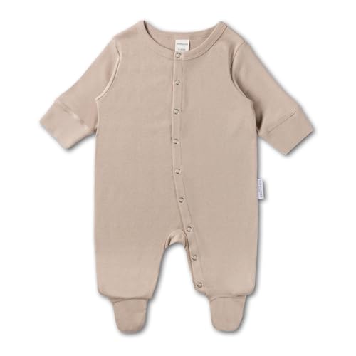 Hofbrucker Baby Schlafanzug aus 100% Bio Baumwolle, Kuschelig weicher Langarm Pyjama mit Füßen, Atmungsaktiver Newborn Strampler für Jungen und Mädchen in Größe 62/68 in Taupe von Hofbrucker