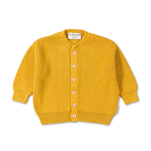 Hofbrucker Oversize Baby Strickjacke aus 100% Bio Baumwolle, mitwachsender Cardigan für Mädchen und Jungen mit edlen Holzknöpfen, Senfgelb, 62/68 von Hofbrucker