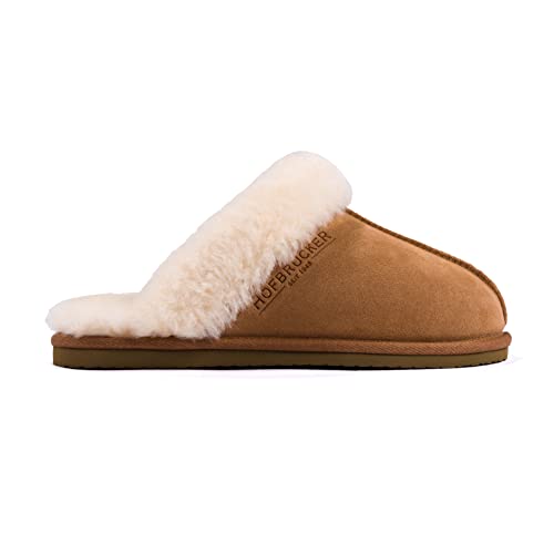 Hofbrucker warmer Lammfell Hausschuh für Frauen mit fester Sohle Obermaterial 100% Lammfell in chestnut braun, Größe 40 von Hofbrucker