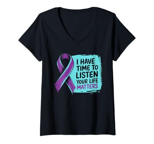 Damen I Have Time to Listen Your Life Matters Lila Türkis Schleife T-Shirt mit V-Ausschnitt Damen I Have Time to Listen Your Life Matters Lila Türkis Schleife T-Shirt mit V-Ausschnitt von Hoffnung Unterstützung Empathie Psychische