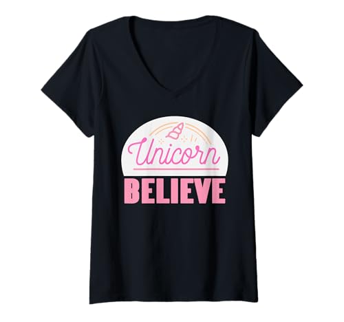 Damen Einhorn Glaube Positiv Magisch Regenbogen Fantasie T-Shirt mit V-Ausschnitt Damen Einhorn Glaube Positiv Magisch Regenbogen Fantasie T-Shirt mit V-Ausschnitt von Hoffnungsvolle Regenbogen Einhorn Träumer Fans