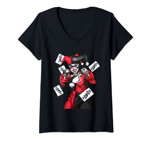 Damen Comic Figur Schurken Kostüm Waffe Joker Spielkarte Filme T-Shirt mit V-Ausschnitt Damen Comic Figur Schurken Kostüm Waffe Joker Spielkarte Filme T-Shirt mit V-Ausschnitt von Hofnarren Cartoons Zeichentrickserie Spielzeug
