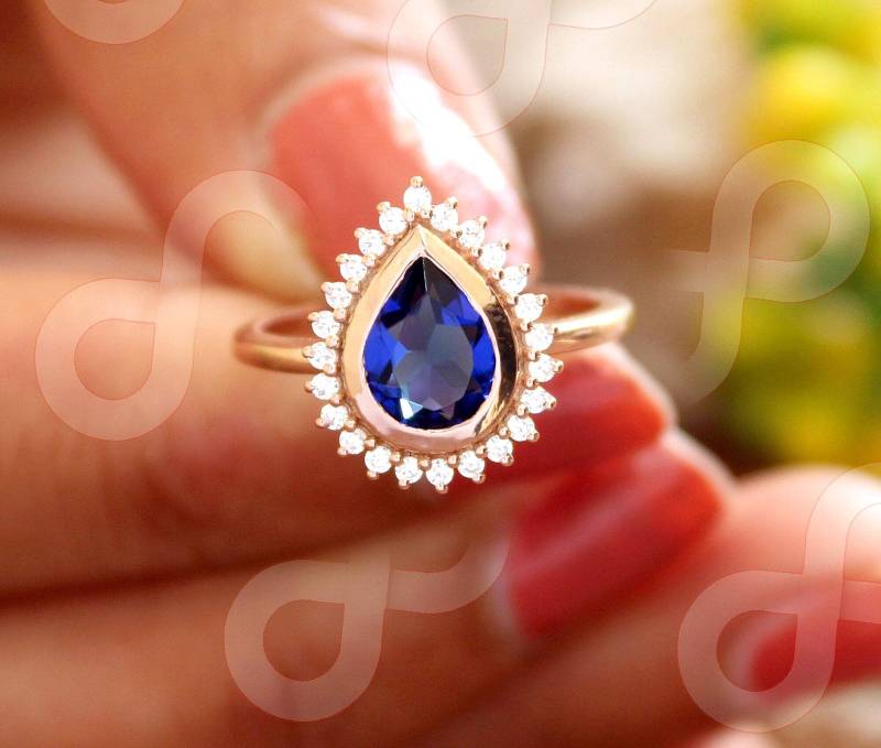 2.15 Ctw Birnenschliff 8.00x6.00 Mm Rose Gold Überzogene Blaue Saphir Silber Verlobungsring Brautbirne Ring Für Ihren Ehering Blauer Edelstein von HogwartsWizardsJewel