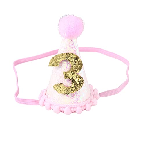 Hohopeti 1Stk -Partyhut 3 Jahre alte Geburtstagsfeierhüte Haarschmuck für Kleinkinder 3. Geburtstag Kleinkindgeburtstag 3 Plüschball-Geburtstagsmütze Geburtstagsmütze für Mädchen Rosa von Hohopeti