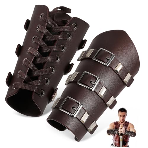 Hohopeti 2 Stück Mittelalterliche Armschienen Viking Wrist Guards aus PU mit Metallbeschlägen Verstellbare Schnürung Authentisches Design für Cosplay Larp und Ritterkostüme von Hohopeti