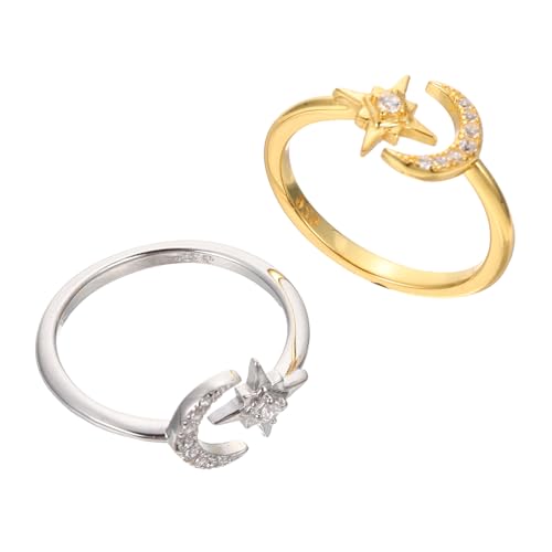 Hohopeti 2 Stück Verstellbare Offene Damenringe mit Stern und Mond Motiv Hautfreundlicher Silberring Größenverstellbar Modischer Schmuck für Alltag Dating und Geschenke von Hohopeti