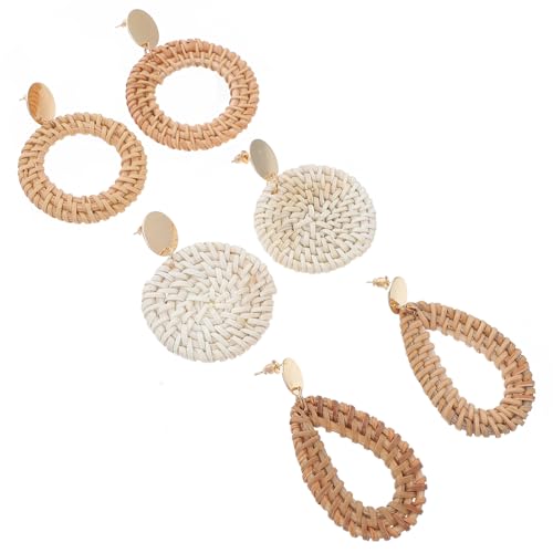 Hohopeti 3 Paare Handgefertigte Dekorative Ohrringe Geflochtenem Rattan Leichte Modische Ohrstecker mit Quasten Persönlichkeitsschmuck für Damen Stilvolle Geschenkidee für Alltag und Party von Hohopeti
