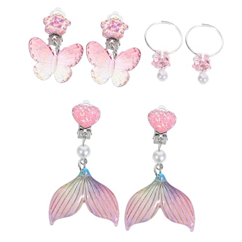 Hohopeti 3 Paare Mädchen Ohrclips Clip Ohrringe Ohrschmuck Painless Ear Decor Niedliche Meerjungfrau Ohrclips Kinderohrringe ohne Ohrlöcher Hautfreundlich Sicher für Party Geburtstag von Hohopeti