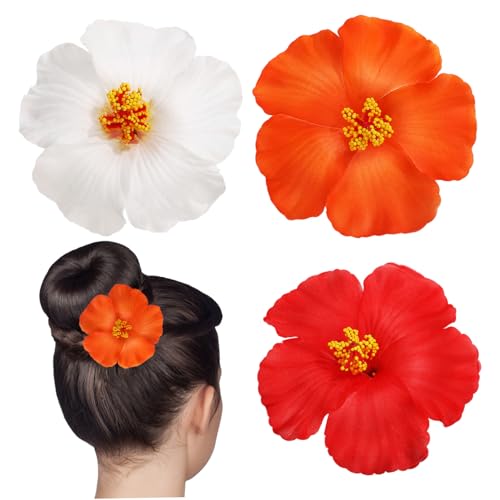 Hohopeti 3 Teiliges Hawaii Blumen Haarspangen in Weiß Rot und Orange Fein Gearbeitete Langlebige Blumenklemmen für Damen und Mädchen Haaraccessoires für Sommer Partys und Urlaub von Hohopeti