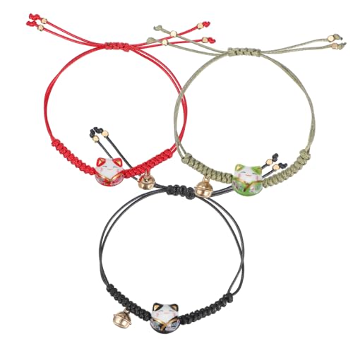 Hohopeti 3 Teiliges Verstellbares Maneki Neko Armband Glocke Japanisches Glücksbringer Seilarmband für Damen Modisches Freundschaftsarmband in Rot Grün Schwarz von Hohopeti