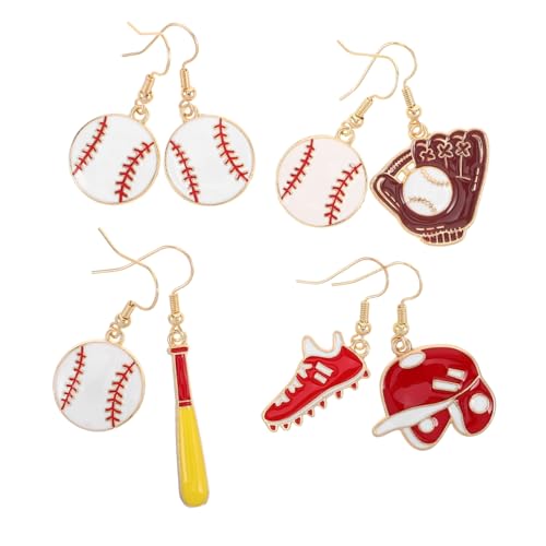 Hohopeti 4 Paar Baseball Ohrringe Damen Cartoon Schmuck Leichtes Asymmetrisches Design mit Baseballschläger und Mütze Sportliches Accessoire für Fans und Alltag von Hohopeti