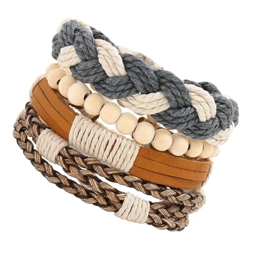 Hohopeti 4 Stück Teiliges Armband Geflochtenem Kunstleder mit Holzperlen Stapelbare Bead Bracelets Ästhetisches Schmuck Damen und Herren Vielseitig Kombinierbar für Alltag und Geschenk von Hohopeti