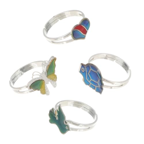 Hohopeti 4 Stück Teiliges Stimmungsring für Mädchen Verstellbare Cartoon Tier Ringe mit Farbwechsel Kreatives Temperatur Sensitives Design Finger Schmuck Party Accessoire Zufällige Farbe von Hohopeti