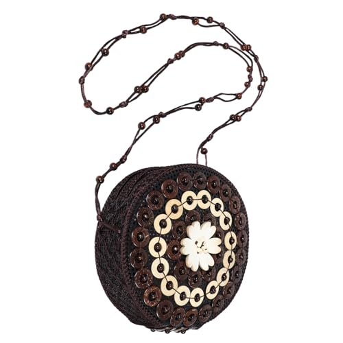 Hohopeti Boho Handgefertigte Crossbody Tasche aus Kokosnussschale Häkeltasche mit Umhängeriemen Münzgeldbörse für Kosmetik Ohrhörer und Karten Ethno-stil Kompakte Alltags Reiselösung von Hohopeti
