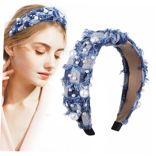 Hohopeti Breites Denim Stirnband mit Funkelnden Strasssteinen Elastisch und Rutschfest Hoher Sitz für Stabilen Halt Modisches Haaraccessoire für Frauen und Mädchen bei Party und Alltag von Hohopeti