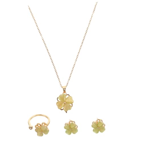 Hohopeti Dreiteiliges Schmuckset Damen mit Drehbarem Grünem Vierblättrigem Kleeblatt Anhänger und Katzenaugenstein Zarte Halskette Ring und Ohrringe Vielseitiges Accessoire für Alltag und von Hohopeti