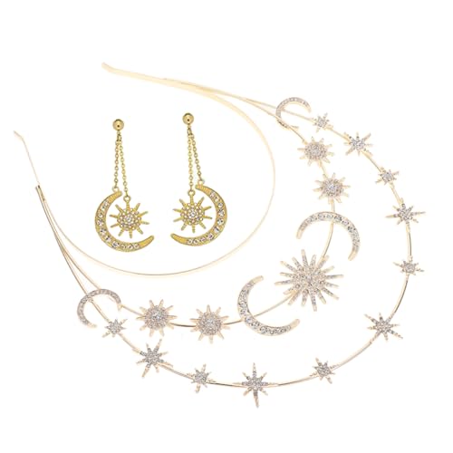 Hohopeti Goldenes Stern und Mond Haarband mit Passendem Ohrring Dreilagige Göttinnen Krone Eleganter Haarschmuck für Frauen Geeignet für Hochzeiten Geburtstage und Festliche Anlässe von Hohopeti