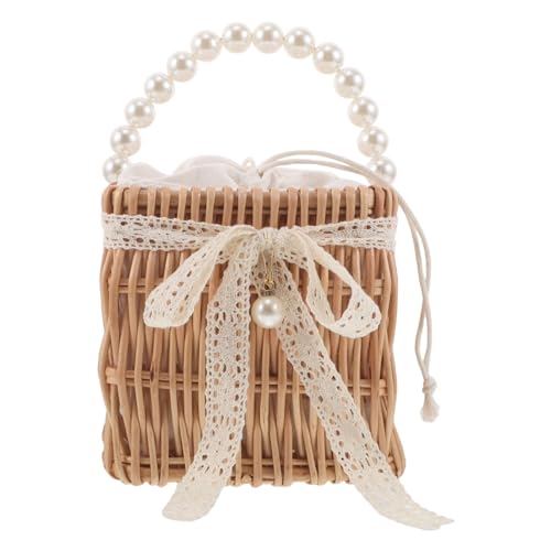 Hohopeti Handgewebte Damen-rattantasche mit Schleifen-detail Leichter Schulterkorb mit Perlenkette Boho-stil Strandtasche für Hochzeit Urlaub und Alltag von Hohopeti
