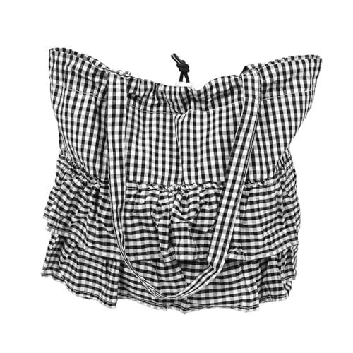 Hohopeti Karierte Canvas-tasche mit Rüschensaum Große Damen-schultertasche aus Robustem Canvas Modisch und Strapazierfähig für Sommer Strand Reisen Einkauf und Arbeit Schwarz von Hohopeti