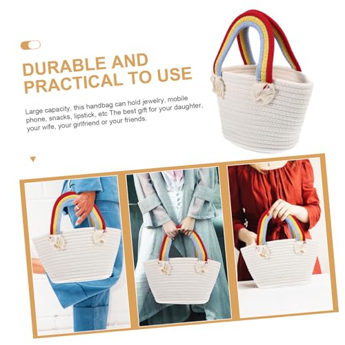 Hohopeti Leichte Handgewebte Strandtasche mit Regenbogen henkeln Tragbare Modische Damen handtasche für Sommer Urlaub und Alltag Vielseitige Umhängetasche aus Baumwollseil Weiß von Hohopeti