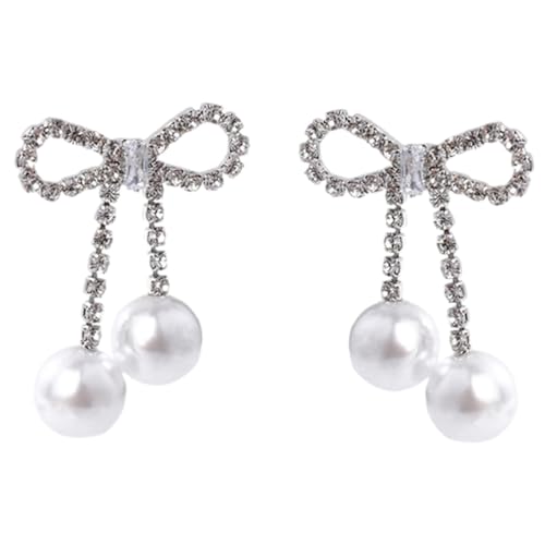 Hohopeti Perlen Schleifen Ohrstecker mit Strassbesatz Leichte Damen Ohrringe Schmuckstücke für Alltag Hochzeit Geburtstag Kleine Langlebige Ohrstecker in Silber von Hohopeti