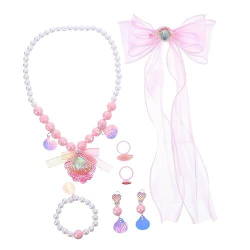Hohopeti Perlenarmband Muschel Halskette Ohrclips Ring Schleifen Haarspangen Leichtes Hautfreundliches Prinzessinnen Accessoire für Geburtstag und Schule von Hohopeti