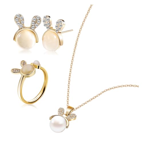 Hohopeti Rabbit Schmuckset Damen Kaninchen Halskette Ohrringe Ring aus Langlebiger Legierung Attraktiv und Niedlich Geschenkset für Geburtstag und Besondere Anlässe von Hohopeti