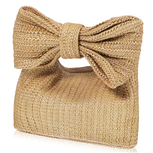 Hohopeti Strandtasche Damen Handtasche aus Natürlichem Stroh mit Schleife Leichte Clutch Tasche für Sommer Geräumige Strohtasche für Alltag und Strand Verschleißfest und Multifunktional von Hohopeti