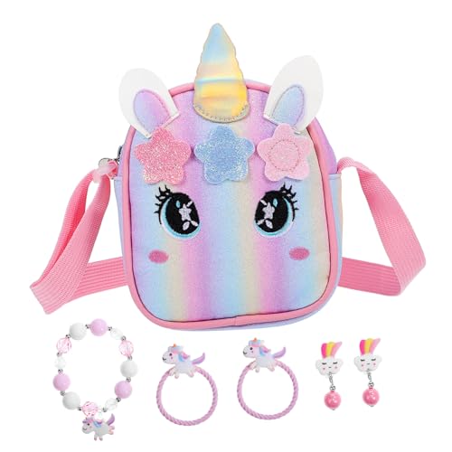 Hohopeti Verstellbare Einhorn Umhängetasche mit Regenbogen Design und Passendem Schmuckset für Mädchen Niedliche Kleine Crossbody Tasche mit Einstellbarem Schulterriemen für Geburtstag von Hohopeti