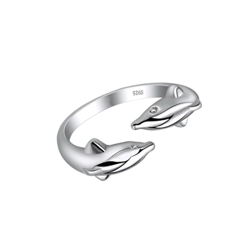Hohopeti Verstellbarer Offener Damenring Silber mit Doppel delfin design Modischer Fingerschmuck für Besondere Anlässe und Alltag von Hohopeti