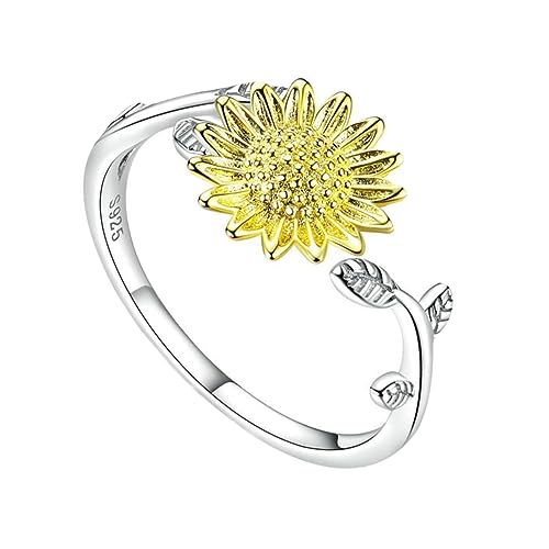 Hohopeti Verstellbarer Sonnenblumenring Sterling Silber Offener Fingerring mit Blätterdesign Nickelfrei Modischer Schmuck für Damen Flexibler Ring für Alltag und von Hohopeti