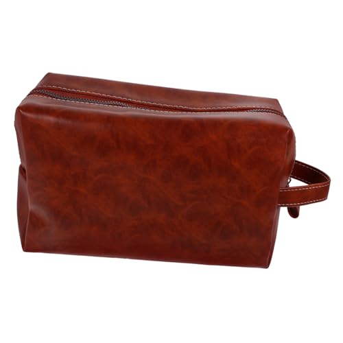 Hohopeti Vintage PU Leder Kulturbeutel Herren Damen Großem Fassungsvermögen Tragbarer Toilettenbeutel Reise Kosmetiktasche Robust Leicht Amberfarben von Hohopeti