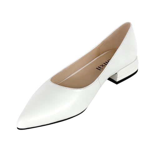 Hohxil Ballerinas Damen Weiß Spitz Flache Sommerschuhe zum Kleid mit 2,5 cm Blockabsatz aus Echtes Lammleder von Hohxil