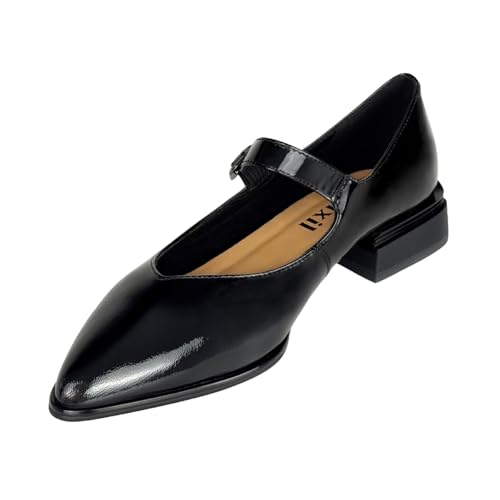 Hohxil Mary Jane Schuhe Damen mit Riemchen Ballerina Spitze in echtem Lammleder 3 cm Blockabsatz Schwarz Verstellbarer Schnallenverschluss von Hohxil