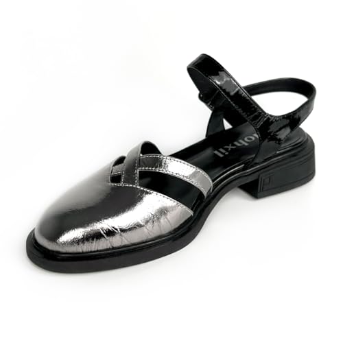 Hohxil Spitze Slingback Ballerinas Damen aus Echtes Leder 3 cm Blockabsatz Lackiert Silber Elegante Slingpumps mit Geschlossenem Vorfuß Sling Ballerinas von Hohxil