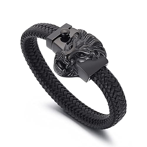 Bracelet Leather, Armkette Herren Edelstahl Schwarz Punk Löwenkopf Schwarz Korbgeflecht Druckknopf 21.5CM X 12MM Edelstahl Armband von Hoisy