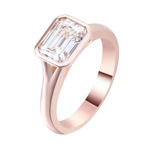 Hoisy 14K Roségold Ringe Rosegold Damen 585 Eheringe Frauen 51 Polierte Bänder mit Smaragdschliff Moissanit 2 Ct von Hoisy