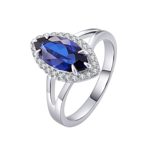 Hoisy 14K Weißgold Damen Ring Weißgold 585 Ehering Frauen 48 Ring Blau Labor Saphir Marquise Elegant von Hoisy