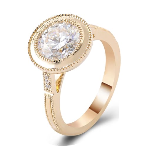 Hoisy 18K Gelbgold 2Ct Goldring Damen 18 Karat Verlobungsring Frau 47 Ring Weißer Moissanit Rund von Hoisy